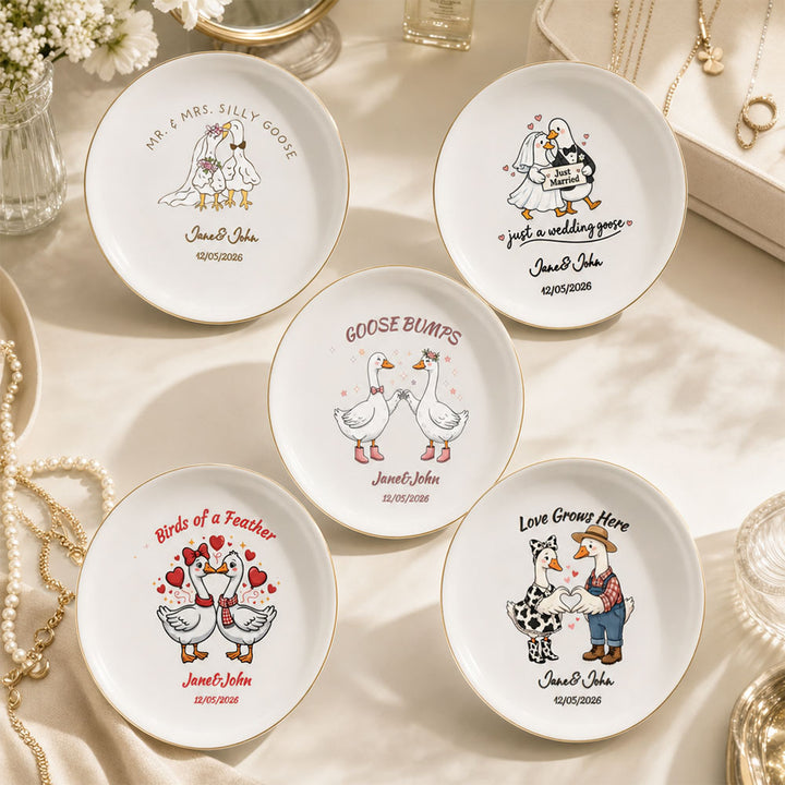 Personalized Goose Couple Ring Dish Custom Name Jewelry Tray Wedding Gift For Couples