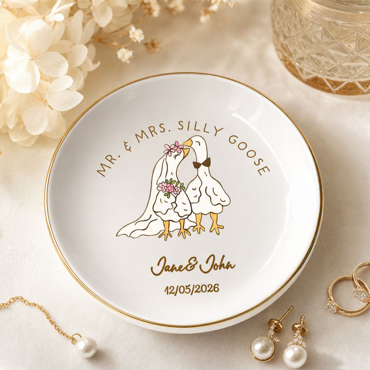 Personalized Goose Couple Ring Dish Custom Name Jewelry Tray Wedding Gift For Couples