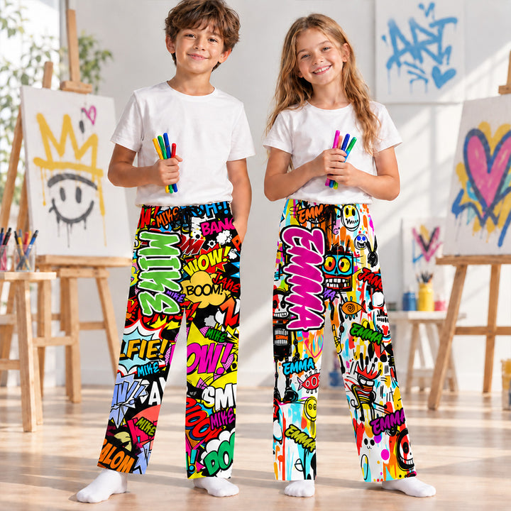 Personalized Graffiti Art Family Pajama Pants Custom Name Colorful Sleepwear with Drawstring Fun Daily Loungewear Birthday Gift