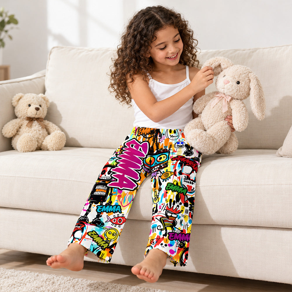 Personalized Graffiti Art Family Pajama Pants Custom Name Colorful Sleepwear with Drawstring Fun Daily Loungewear Birthday Gift