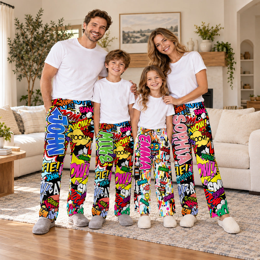 Personalized Graffiti Art Family Pajama Pants Custom Name Colorful Sleepwear with Drawstring Fun Daily Loungewear Birthday Gift