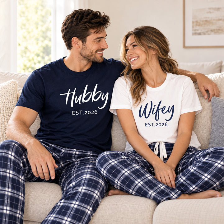 Personalized Hubby and Wifey Pajamas Matching Couples Custom Wedding PJs for Newlyweds and Couples Honeymoon Gift