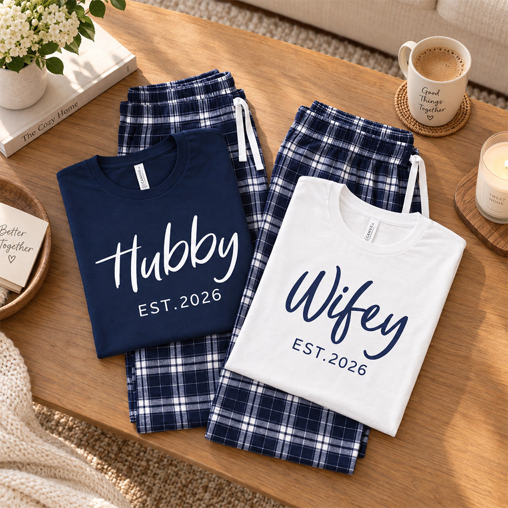 Personalized Hubby and Wifey Pajamas Matching Couples Custom Wedding PJs for Newlyweds and Couples Honeymoon Gift