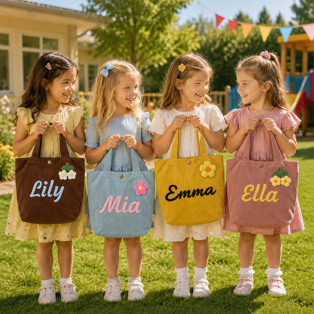 Personalized Kids Name Tote Bag Custom Corduroy Handbag for Toddlers Girls Back to School Baby Shower Birthday Gift