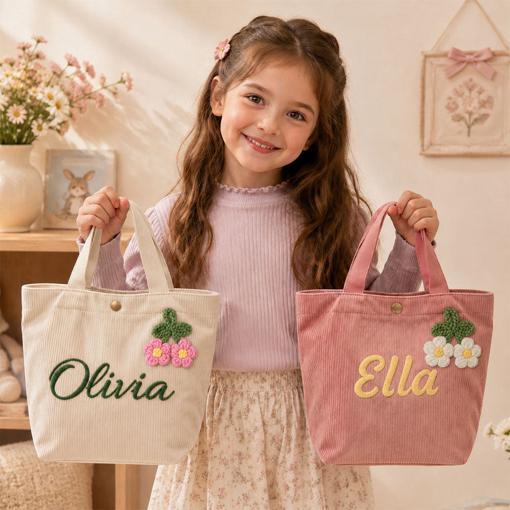 Personalized Kids Name Tote Bag Custom Corduroy Handbag for Toddlers Girls Back to School Baby Shower Birthday Gift