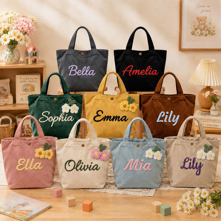 Personalized Kids Name Tote Bag Custom Corduroy Handbag for Toddlers Girls Back to School Baby Shower Birthday Gift