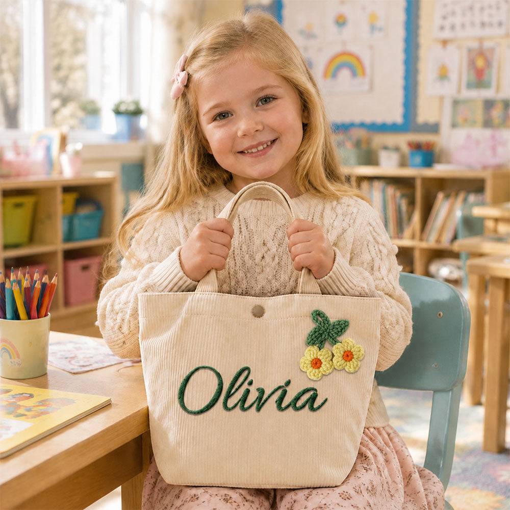 Personalized Kids Name Tote Bag Custom Corduroy Handbag for Toddlers Girls Back to School Baby Shower Birthday Gift