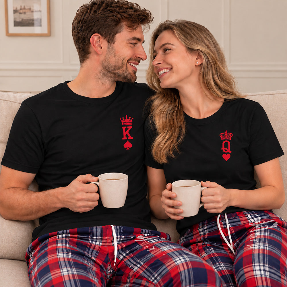 Personalized King and Queen Matching Pajamas with Crown Print Custom Romantic Plaid Couple Lounge Wear Set Anniversary Gift for Newlyweds