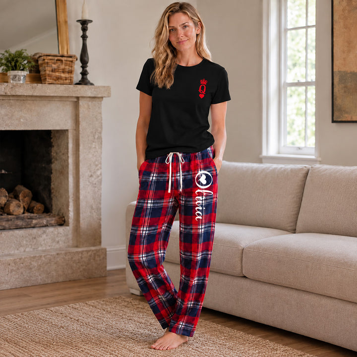 Personalized King and Queen Matching Pajamas with Crown Print Custom Romantic Plaid Couple Lounge Wear Set Anniversary Gift for Newlyweds