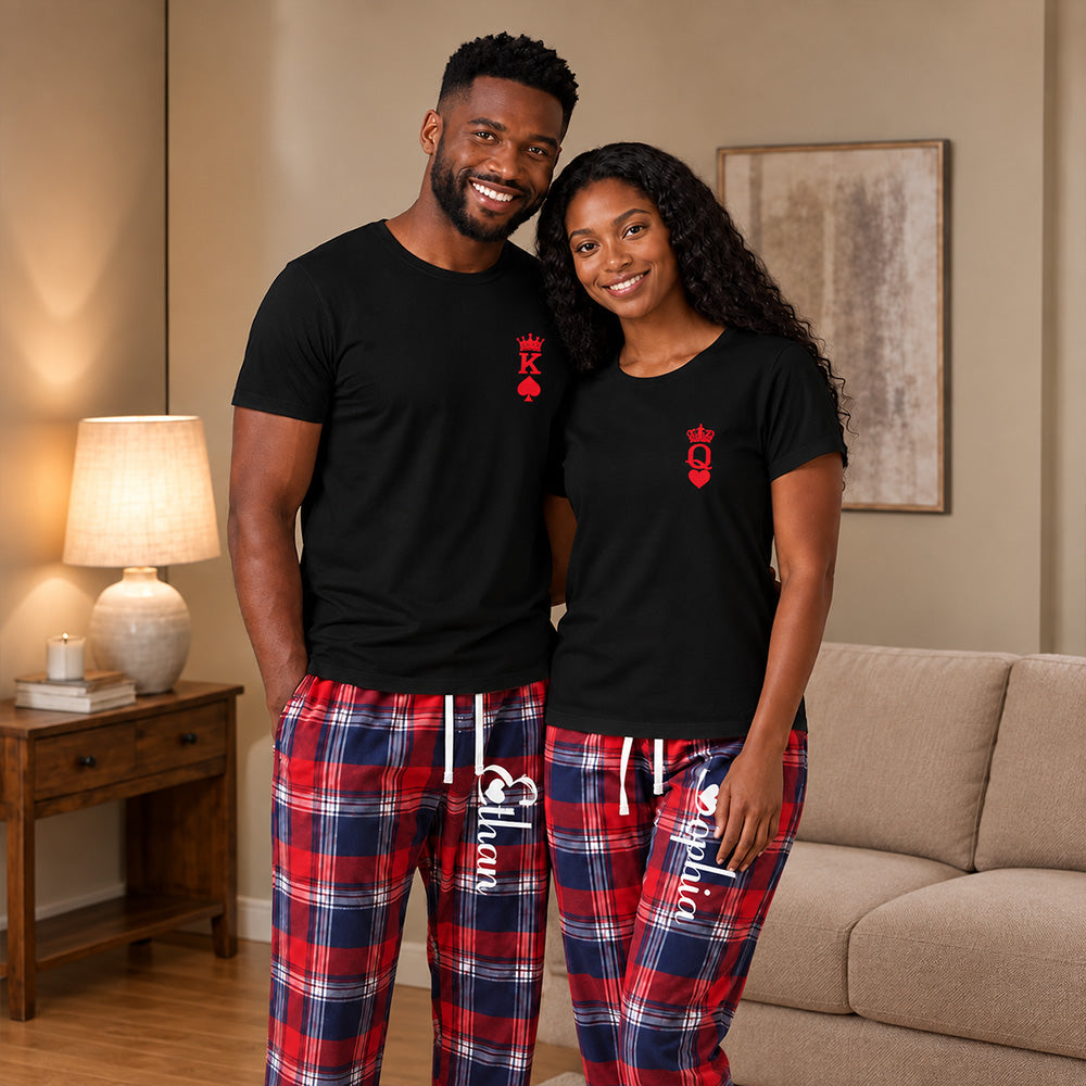 Personalized King and Queen Matching Pajamas with Crown Print Custom Romantic Plaid Couple Lounge Wear Set Anniversary Gift for Newlyweds