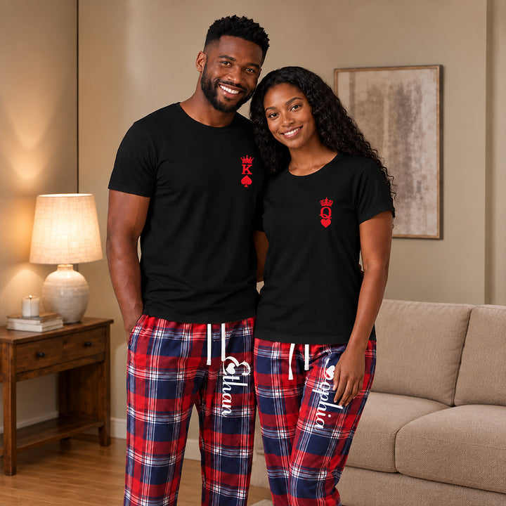 Personalized King and Queen Matching Pajamas with Crown Print Custom Romantic Plaid Couple Lounge Wear Set Anniversary Gift for Newlyweds