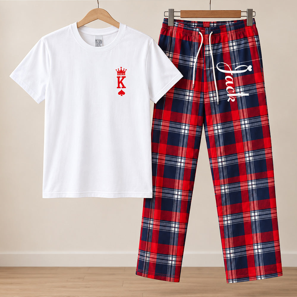 Personalized King and Queen Matching Pajamas with Crown Print Custom Romantic Plaid Couple Lounge Wear Set Anniversary Gift for Newlyweds