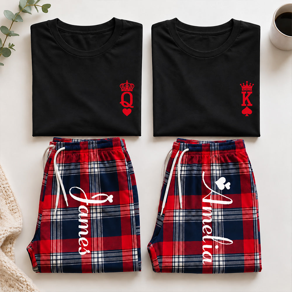 Personalized King and Queen Matching Pajamas with Crown Print Custom Romantic Plaid Couple Lounge Wear Set Anniversary Gift for Newlyweds