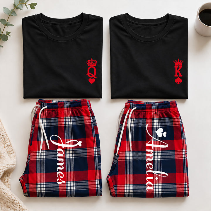Personalized King and Queen Matching Pajamas with Crown Print Custom Romantic Plaid Couple Lounge Wear Set Anniversary Gift for Newlyweds