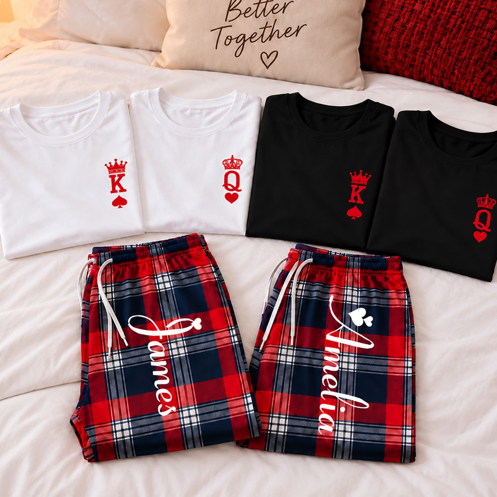 Personalized King and Queen Matching Pajamas with Crown Print Custom Romantic Plaid Couple Lounge Wear Set Anniversary Gift for Newlyweds