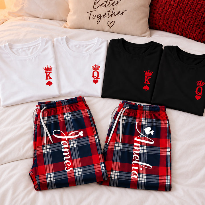 Personalized King and Queen Matching Pajamas with Crown Print Custom Romantic Plaid Couple Lounge Wear Set Anniversary Gift for Newlyweds