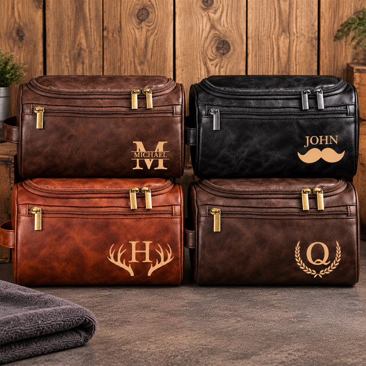 Personalized Leather Toiletry Bag for Men Custom Vintage Monogram Doppler Kit Groomsmen Gift Engraved Leather Travel Wash Bag Gift for Him Husband Dad