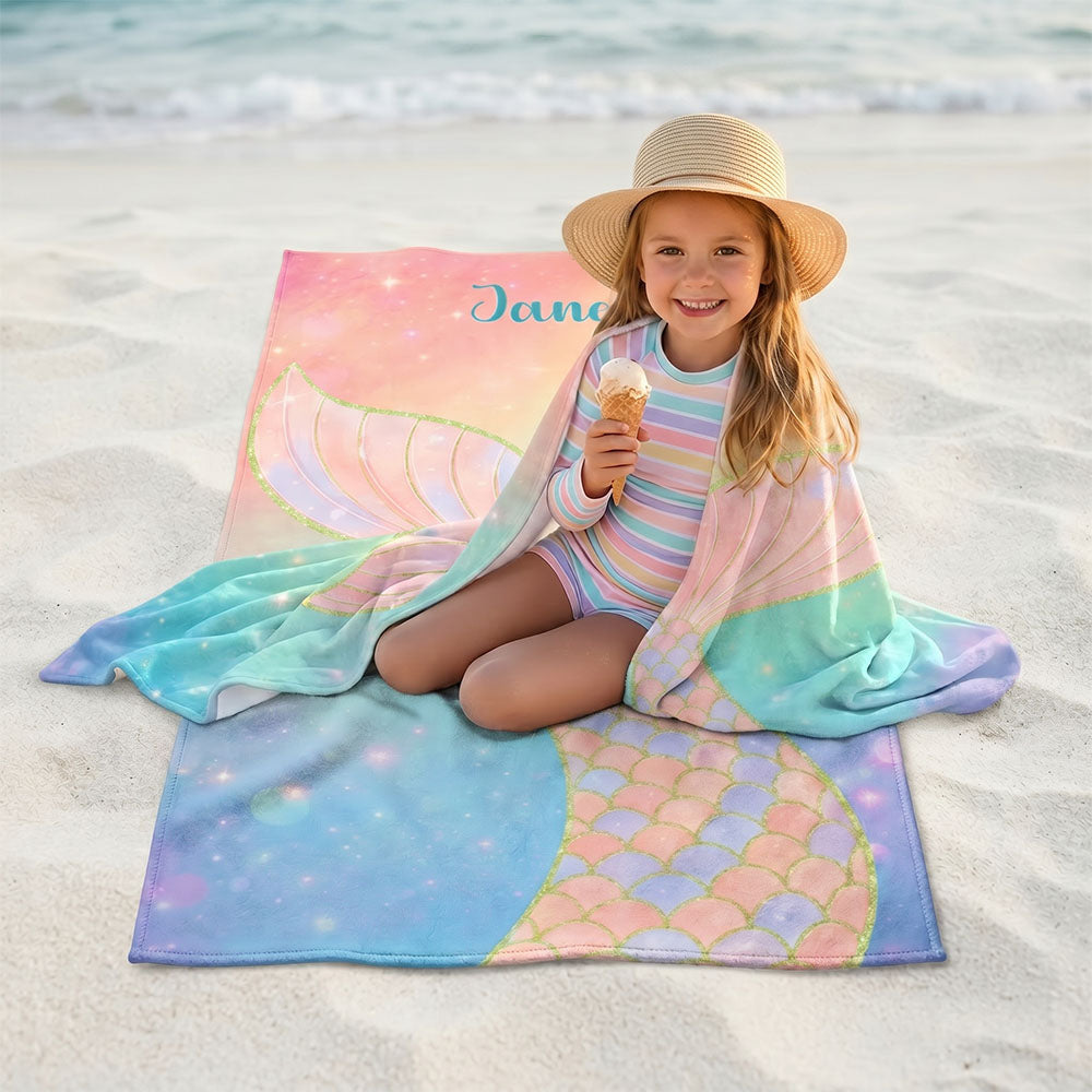 Personalized Mermaid Tail Beach Towel Kids Girls Custom Name Pool Towel Summer Birthday Gift