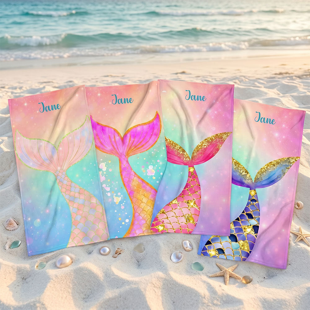 Personalized Mermaid Tail Beach Towel Kids Girls Custom Name Pool Towel Summer Birthday Gift