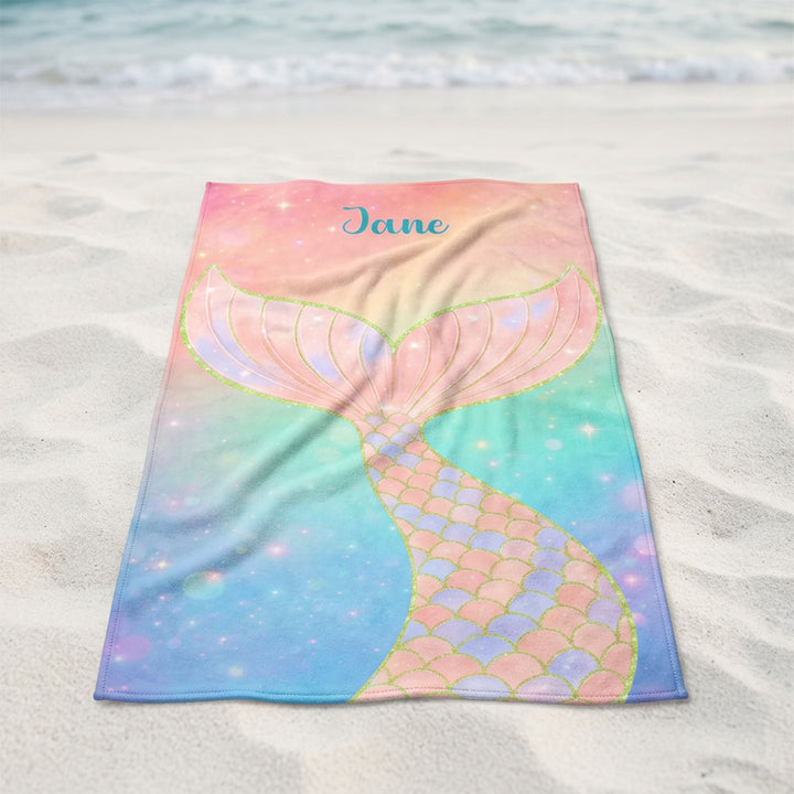 Personalized Mermaid Tail Beach Towel Kids Girls Custom Name Pool Towel Summer Birthday Gift