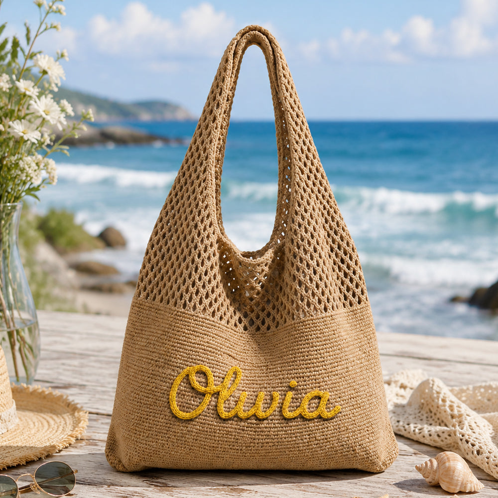 Personalized Name Crochet Beach Tote Bag Summer Tote for Women Handmade Vacation Gift