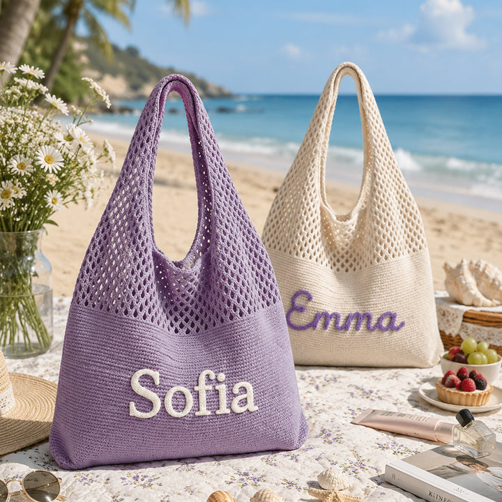 Personalized Name Crochet Beach Tote Bag Summer Tote for Women Handmade Vacation Gift