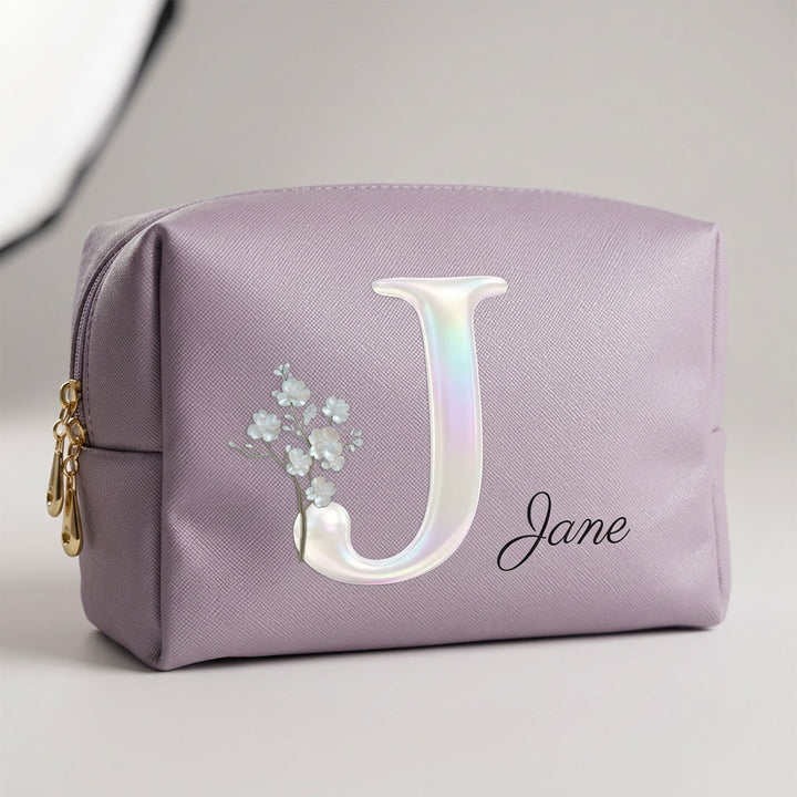 Personalized Pearl Effect Birth Flower Makeup Bag Custom Name Initial Monogram Cosmetic Mother&