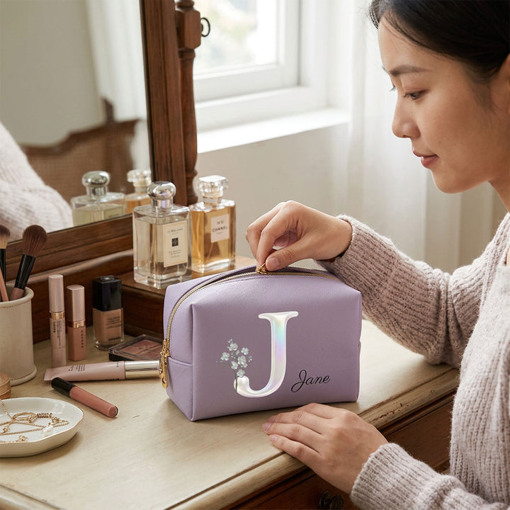 Personalized Pearl Effect Birth Flower Makeup Bag Custom Name Initial Monogram Cosmetic Mother&