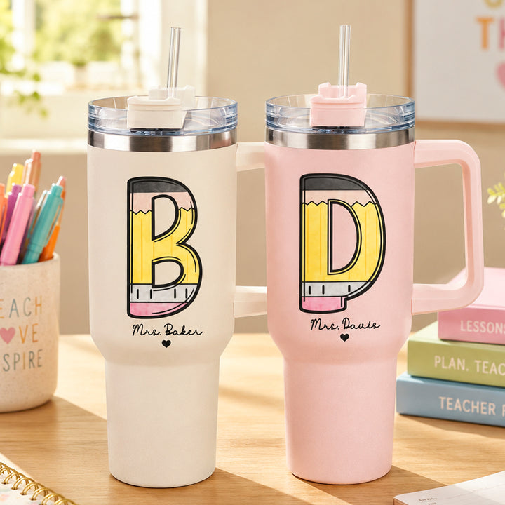 Personalized Pencil Initial Teacher 40oz Tumbler with Handle Custom Travel Mug Back to School Teacher Appreciation Gift