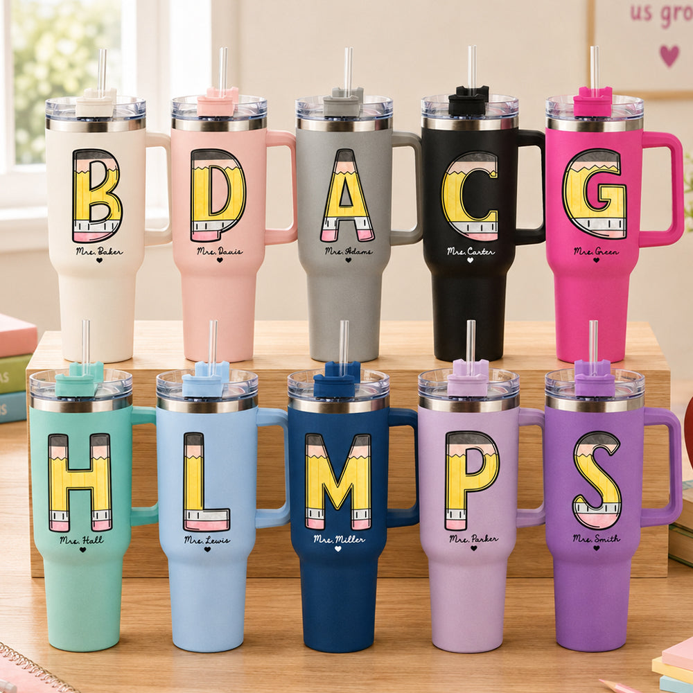 Personalized Pencil Initial Teacher 40oz Tumbler with Handle Custom Travel Mug Back to School Teacher Appreciation Gift