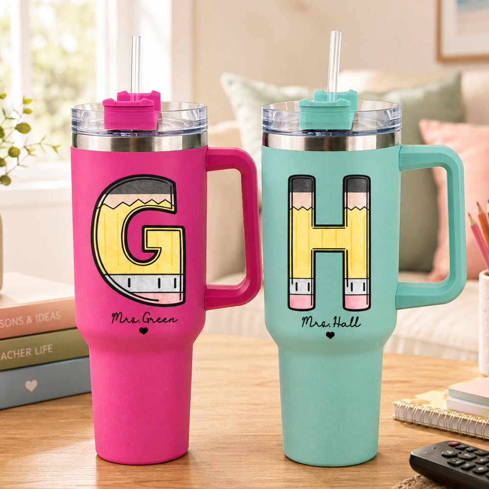 Personalized Pencil Initial Teacher 40oz Tumbler with Handle Custom Travel Mug Back to School Teacher Appreciation Gift