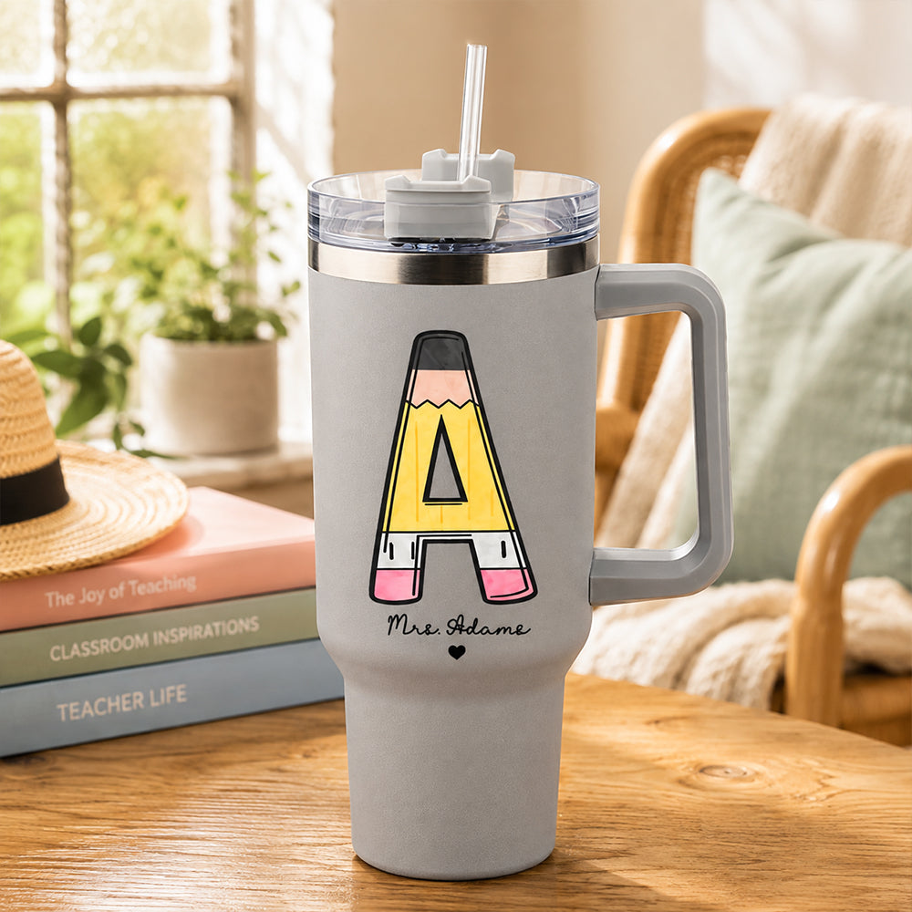 Personalized Pencil Initial Teacher 40oz Tumbler with Handle Custom Travel Mug Back to School Teacher Appreciation Gift