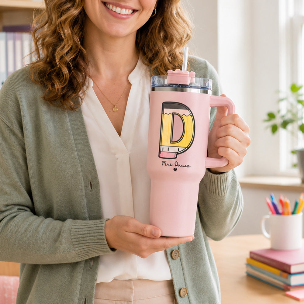 Personalized Pencil Initial Teacher 40oz Tumbler with Handle Custom Travel Mug Back to School Teacher Appreciation Gift