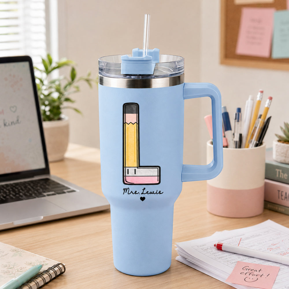 Personalized Pencil Initial Teacher 40oz Tumbler with Handle Custom Travel Mug Back to School Teacher Appreciation Gift