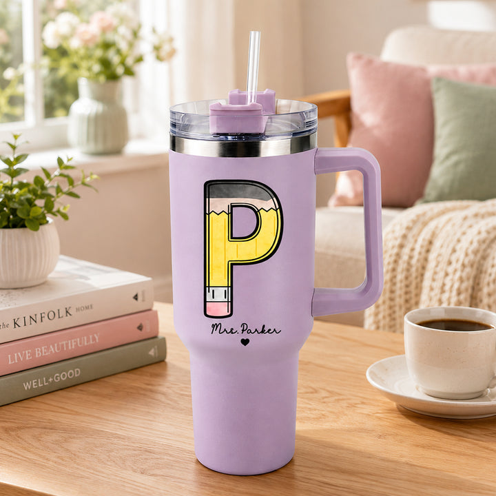 Personalized Pencil Initial Teacher 40oz Tumbler with Handle Custom Travel Mug Back to School Teacher Appreciation Gift