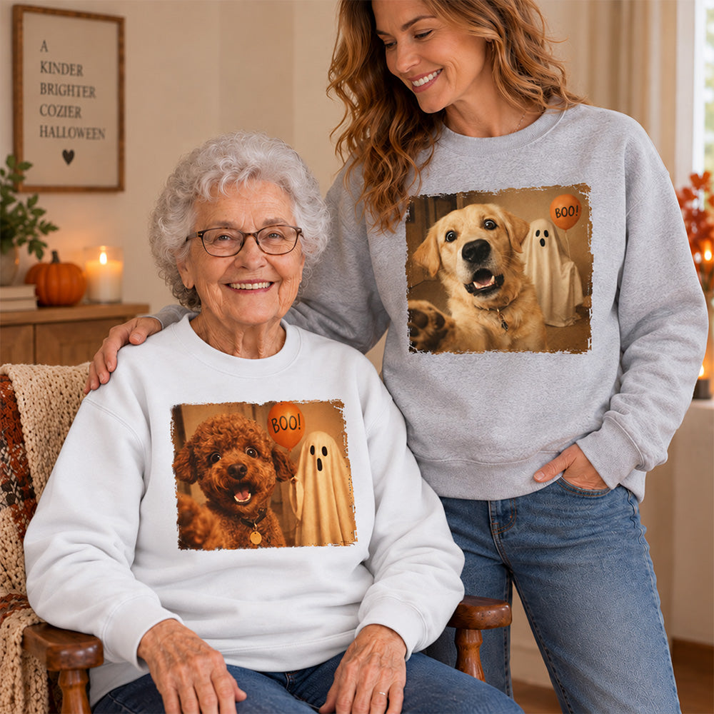 Personalized Pet Photo Halloween Apparel Custom Dog Cat Vintage Spooky Shirt and Sweatshirt for Pet Owners and Lovers