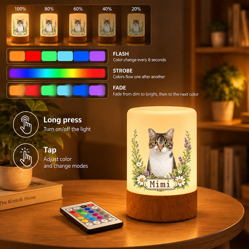 Personalized Pet Photo Night Light Remote Control Dimmable LED Lamp Custom Name Watercolor Portrait Christmas Gift for Pet Owners