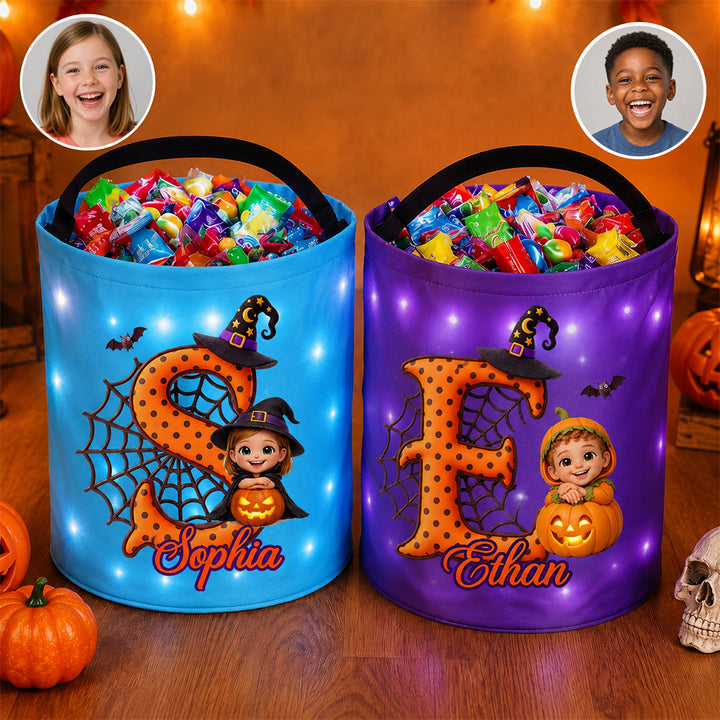 Personalized Photo Halloween Cartoon LED Light Up Trick or Treat Bag Custom Kid Picture Glow Candy Bucket Halloween Party Gift