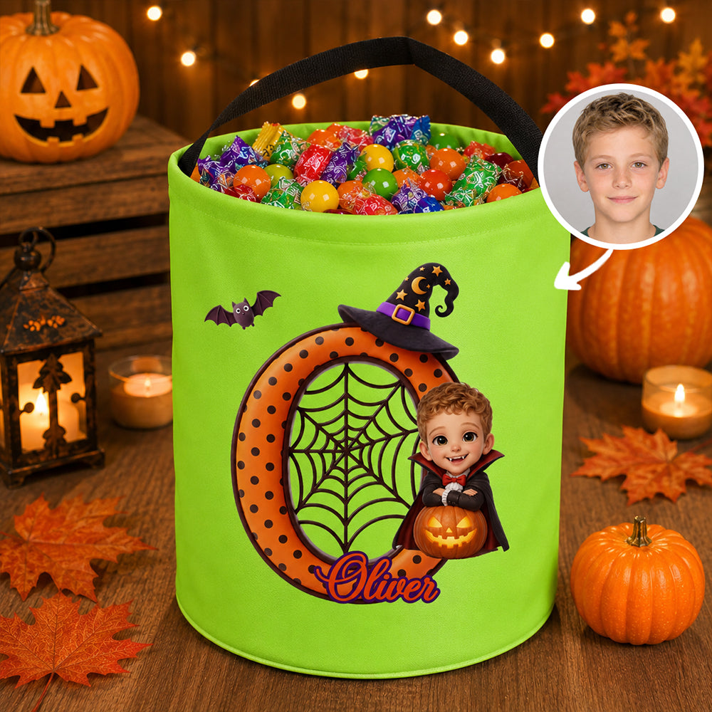 Personalized Photo Halloween Cartoon LED Light Up Trick or Treat Bag Custom Kid Picture Glow Candy Bucket Halloween Party Gift