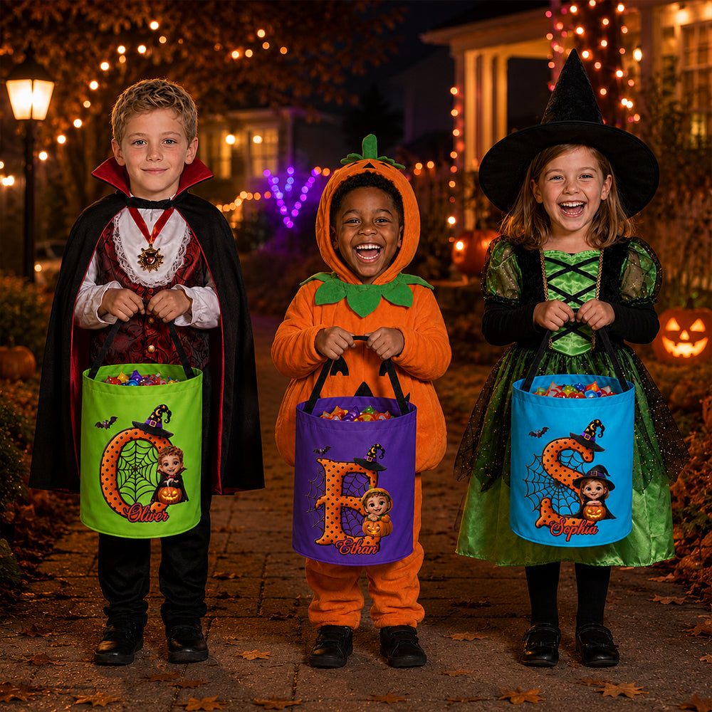 Personalized Photo Halloween Cartoon LED Light Up Trick or Treat Bag Custom Kid Picture Glow Candy Bucket Halloween Party Gift