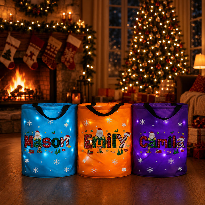 Personalized Santa Claus LED Light Bucket Bag Custom Name Christmas Trick Or Treat  Box Bucket for Toddlers