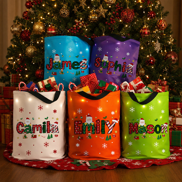 Personalized Santa Claus LED Light Bucket Bag Custom Name Christmas Trick Or Treat  Box Bucket for Toddlers