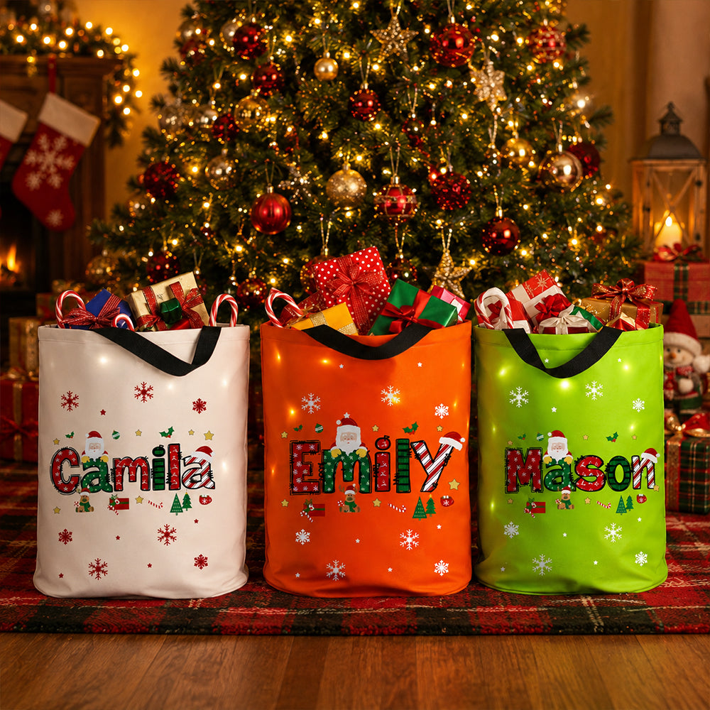 Personalized Santa Claus LED Light Bucket Bag Custom Name Christmas Trick Or Treat  Box Bucket for Toddlers