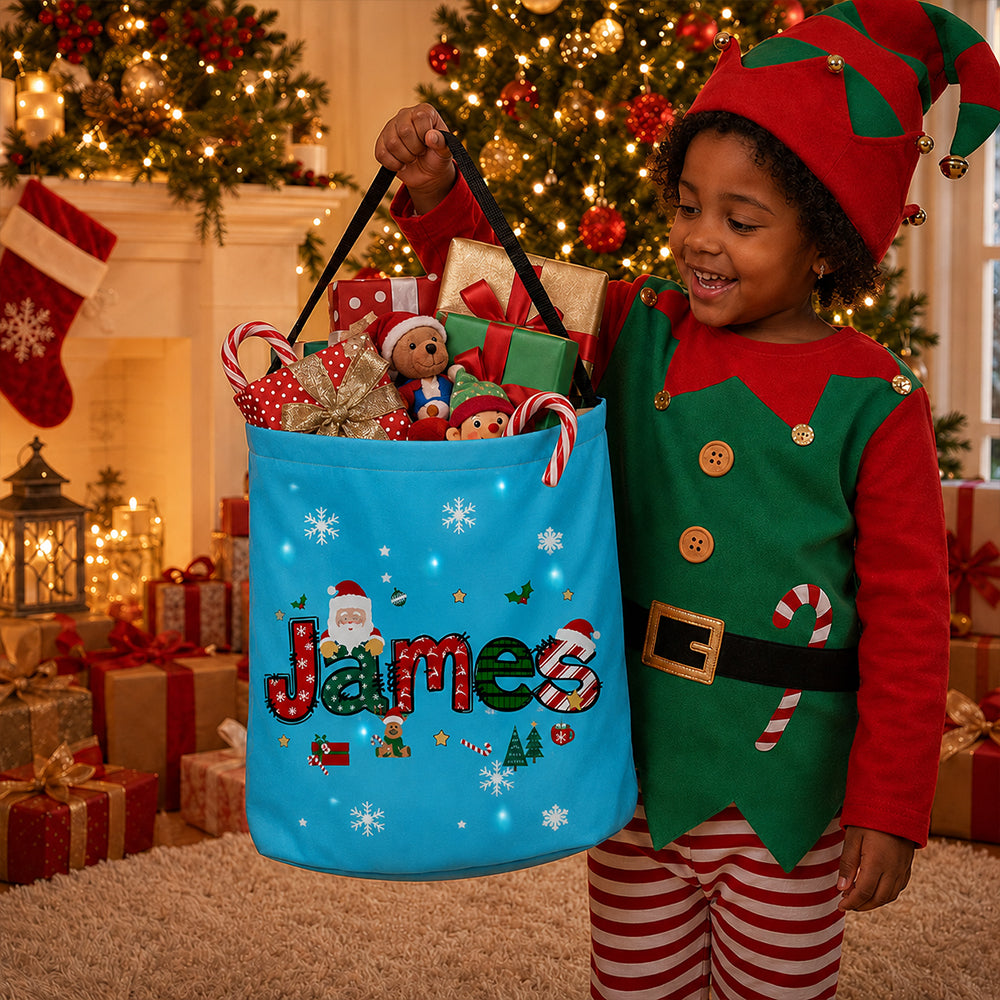 Personalized Santa Claus LED Light Bucket Bag Custom Name Christmas Trick Or Treat  Box Bucket for Toddlers