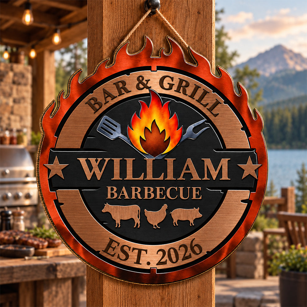 Personalized Smokehouse and Grill Wood Sign Custom BBQ Pitmaster Wall Art Rustic Smoke House Wooden Plaque Outdoor Kitchen and Patio Decor