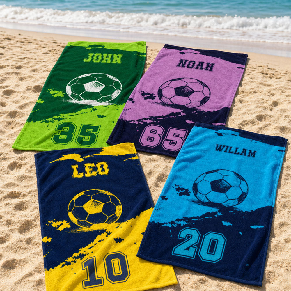 Personalized Soccer Team Beach Towel Custom Name Player Number Groovy Kids Pool Towel Summer Vacation Gift