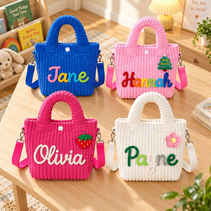 Personalized Strawberry Flower Corduroy Crossbody Bag Custom Name Back to School Birthday Gift for Kids Toddlers