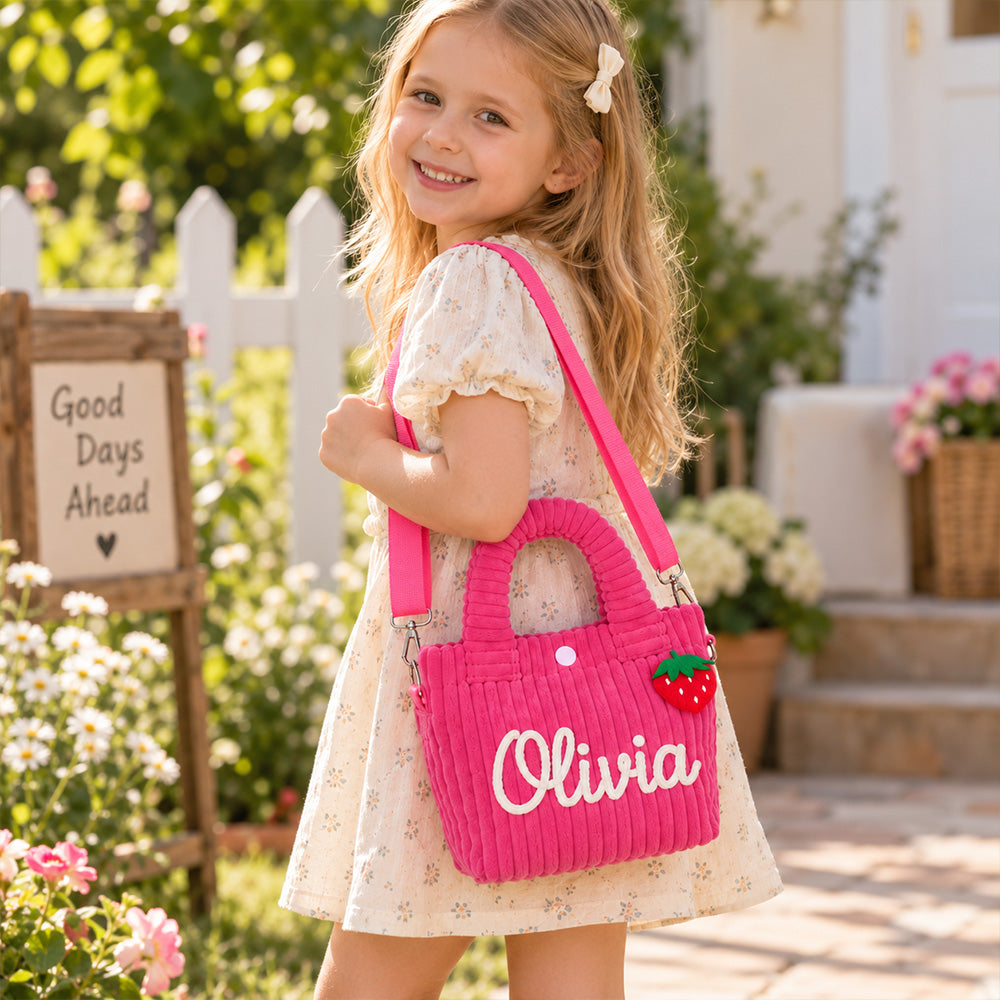 Personalized Strawberry Flower Corduroy Crossbody Bag Custom Name Back to School Birthday Gift for Kids Toddlers