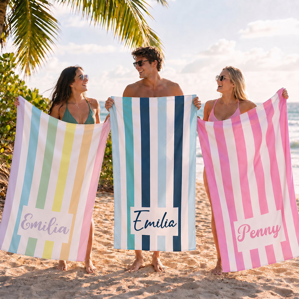 Personalized Striped Beach Towel Custom Name Cabana Stripe Pool Towel  Summer Vacation Gifts