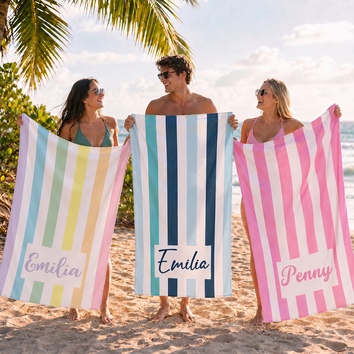 Personalized Striped Beach Towel Custom Name Cabana Stripe Pool Towel  Summer Vacation Gifts